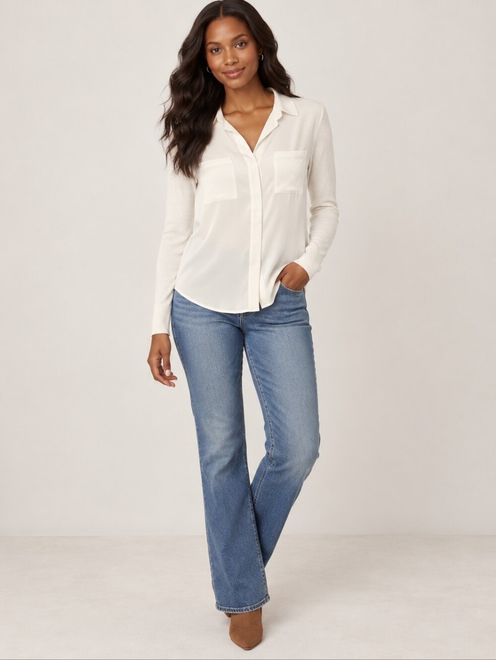 ❤️ ANN TAYLOR LOFT MIXED MEDIA BUTTON DOWN TOP, IVORY, LARGE